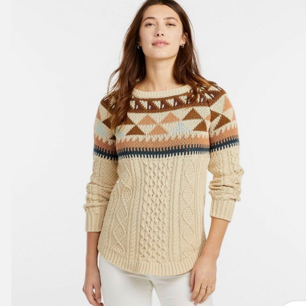 LL Bean Women's Signature Fisherman Tunic Sweater SZ M Cable Knit Geometric